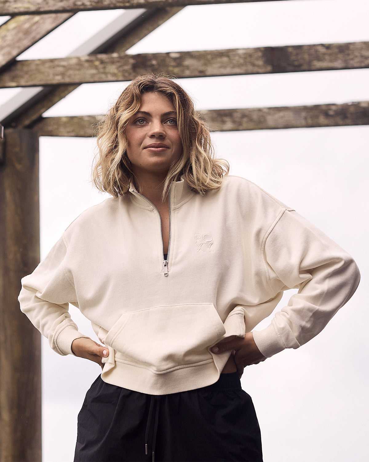Womens Movin Up Half Zip Fleece Jumper – Bone – Roxy Australia