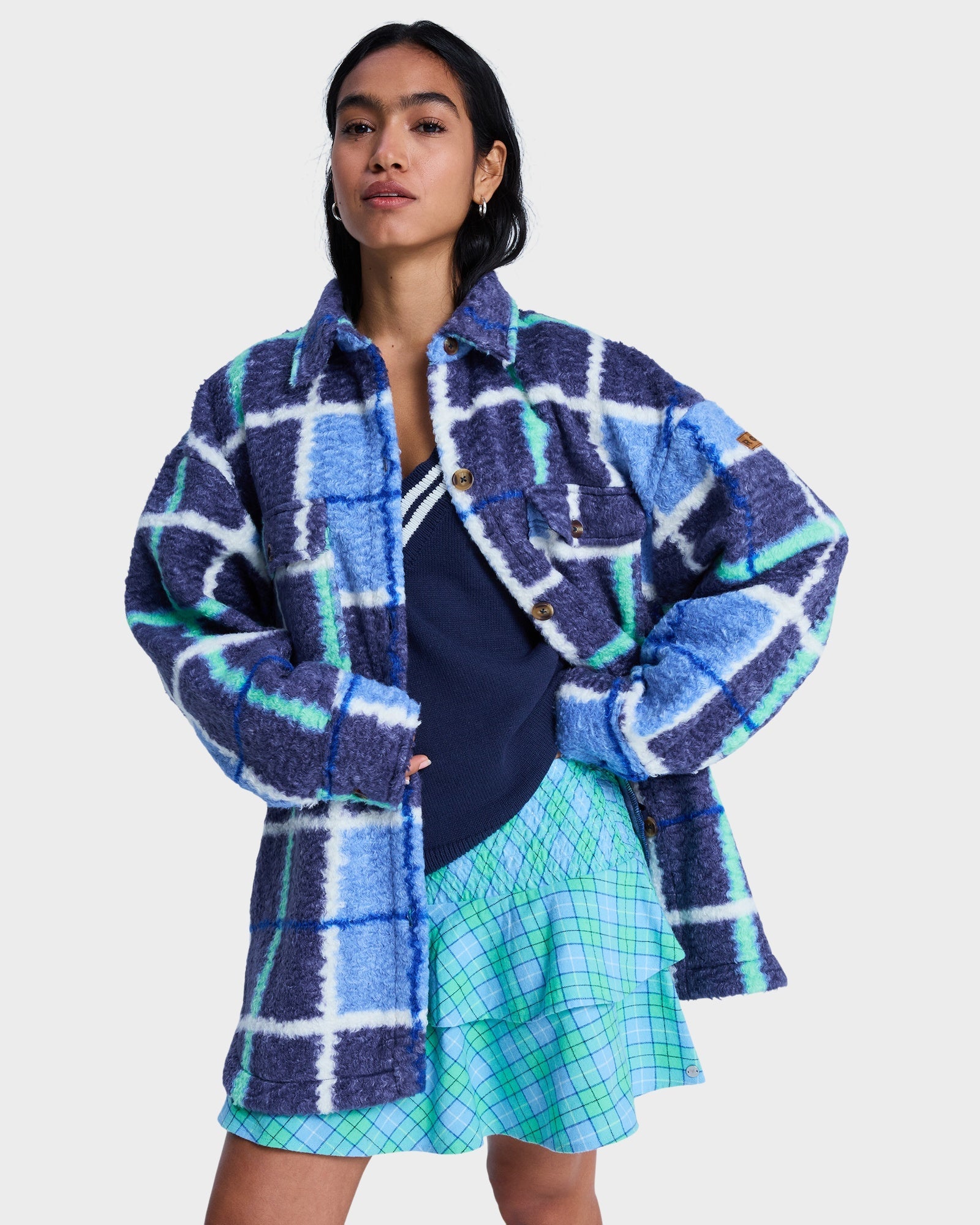 Womens Over And Above Shacket – Dutch Blue Plaid Fade – Roxy Australia