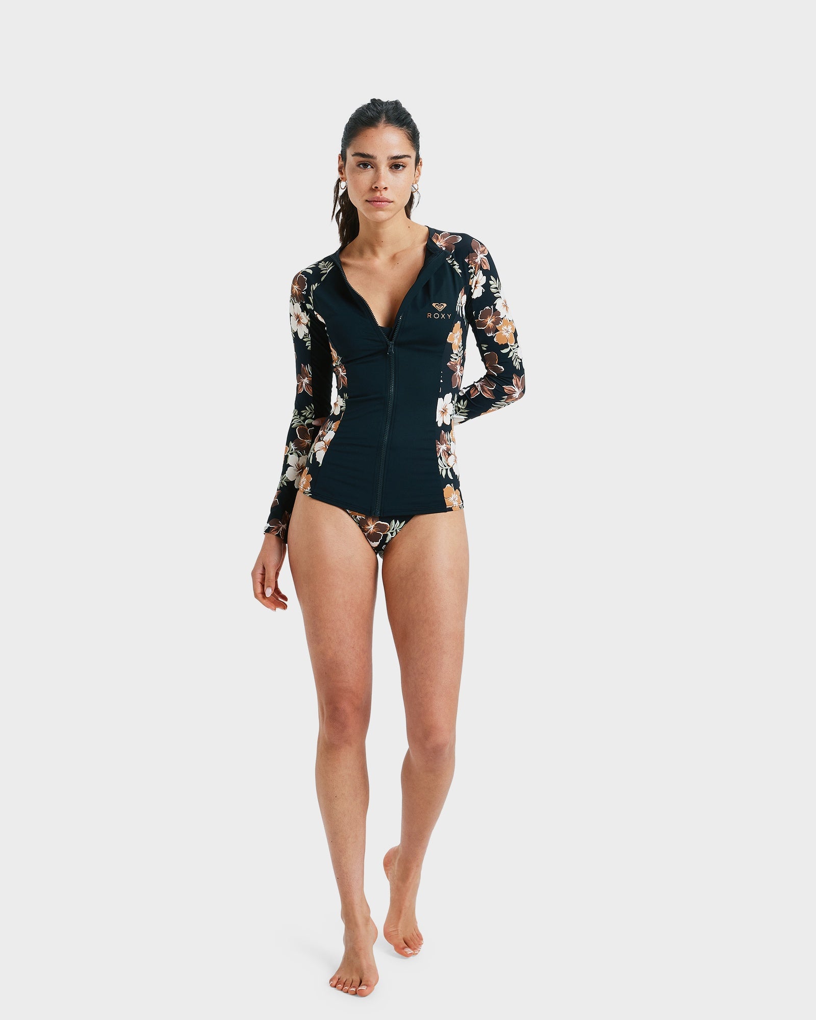 Womens Full Zipped Mix Long Sleeve Rash Vest – Almond Tropical